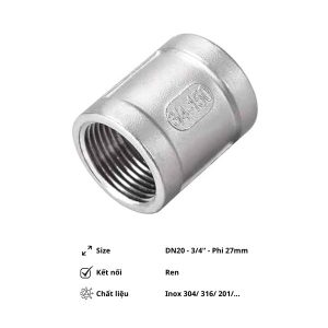 Măng sông ren inox có gờ DN20