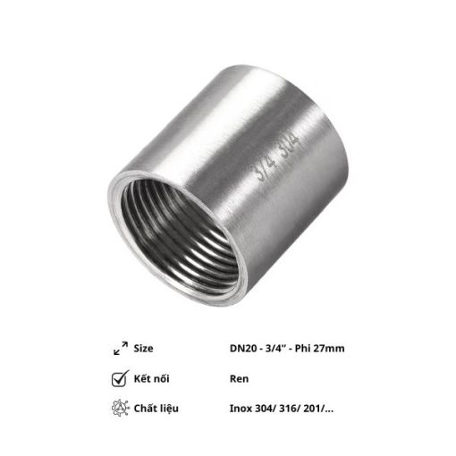 Măng sông ren trơn inox DN20