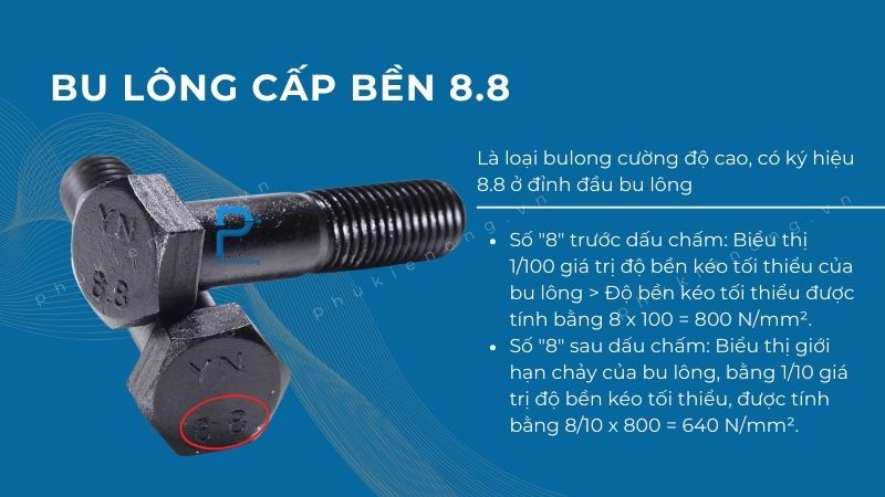 Bu lông cấp bền 8.8 có ký hiệu "8.8" ở đầu bulong