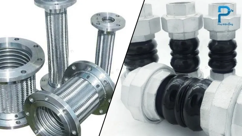 Khớp nối chống rung dạng nối bích (bên trái) và nối ren (bên phải)